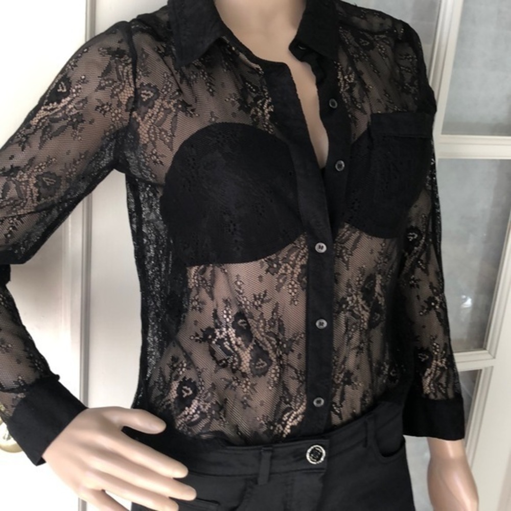 FANG black lacy sheer button down top